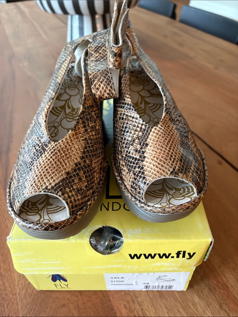 Fly London Brown Snake-Print Peep-Toe Wedge Sandals Size 39